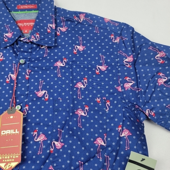 NWT flamingo with Santa hat holiday Christmas button down short sleeve shirt - Picture 2 of 5